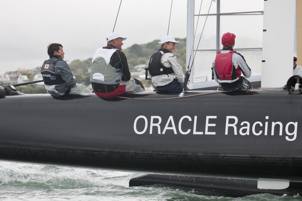 New Zealand national Optimist Champion, Leonard Takahashi-Fry on the handlebars of the AC45 photo copyright Gilles Martin-Raget/Oracle Racing.com http://www.oracleteamusamedia.com/ taken at  and featuring the  class