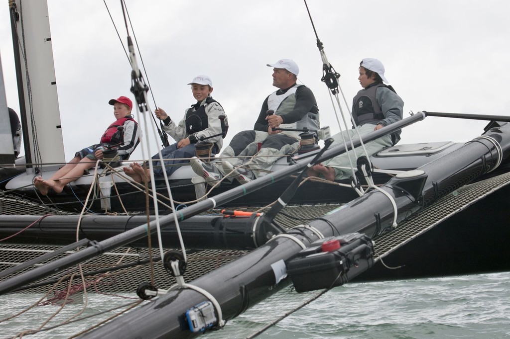 New Zealand national Optimist Champion, Leonard Takahashi-Fry on the handlebars of the AC45 photo copyright Gilles Martin-Raget/Oracle Racing.com http://www.oracleteamusamedia.com/ taken at  and featuring the  class