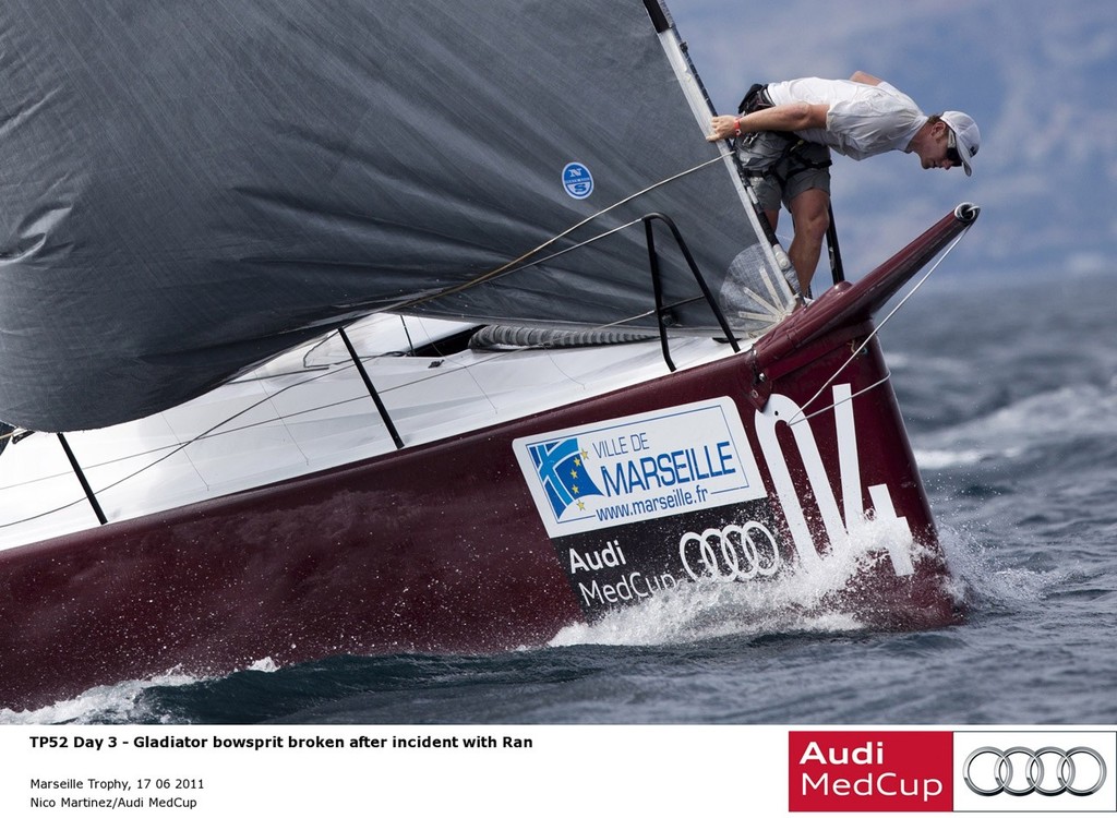 Gladiator bowsprit after incident with Ran at the Audi MedCup Marseille Trophy 2011 © Nico Martinez http://www.nicomartinez.com