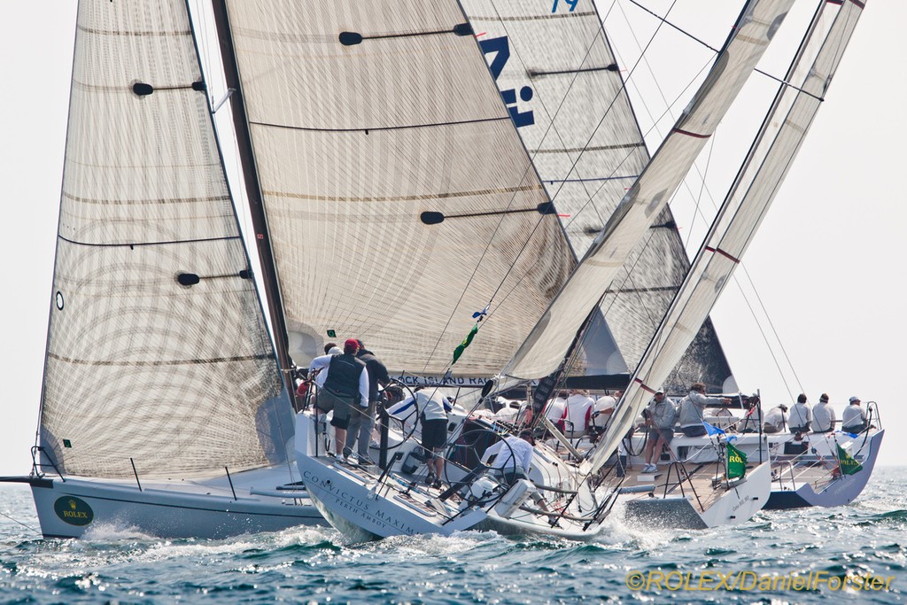 PTARMIGAN - Sail Number: USA 79, Owner: Lawrence Dickie, Home Port: Greenwich, CT, USA, Yacht Type: Ker 43, Length: 43, Class: IRC 2 
and
COOL BREEZE - Sail Number: USA 60432, Owner: John Cooper, Home Port: Springfield, MO, USA, Yacht Type: Mills 43 Custom, Length: 43, Class: IRC 2
cross ahead of
CONVICTUS MAXIMUS - Sail Number: USA 52496, Owner: Donald Nicholson, Home Port: Scotch Plains, NJ, USA, Yacht Type: Farr 42 IRC, Length: 42, Class: IRC 2 - lock Island Race Week, presented by Rolex photo copyright  Rolex/Daniel Forster http://www.regattanews.com taken at  and featuring the  class