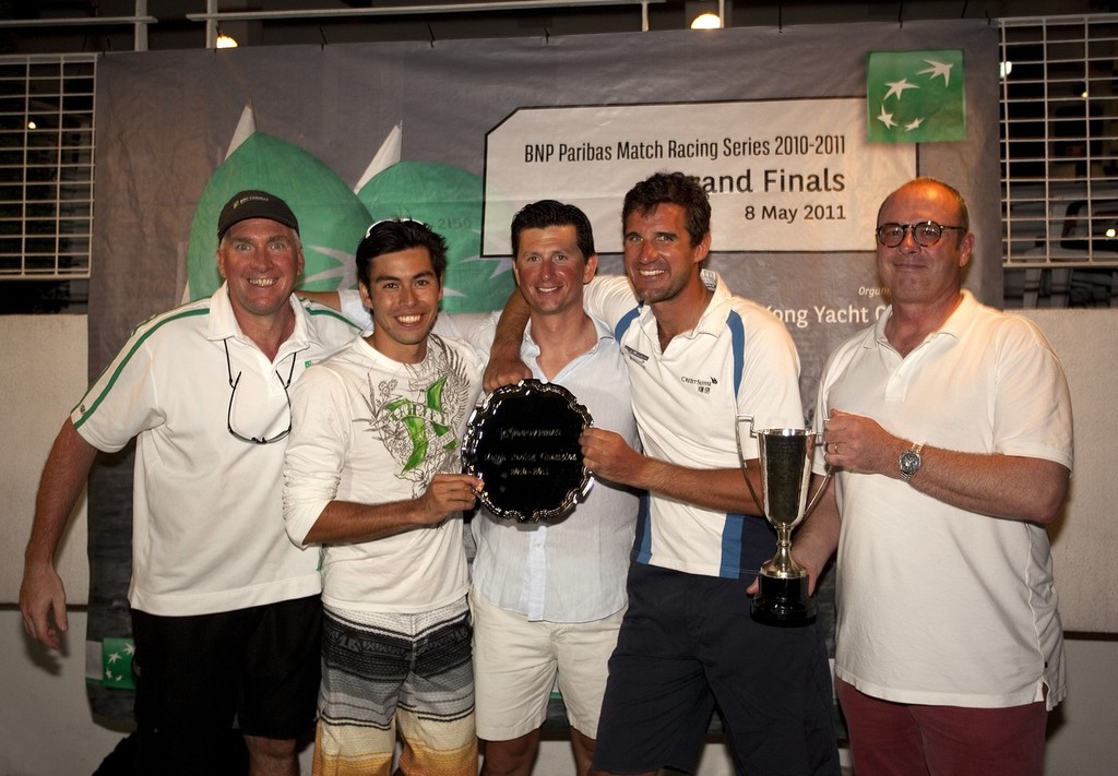 BNP Match Racing 2011, RHKYC. Champions (l to r) Mark Parker, Mike Halkes, Ante Razmilovic and Peter Backe (helm) collecting the silverware from Tom Hester, Managing Director, BNP Paribas Hong Kong photo copyright  RHKYC/Guy Nowell http://www.guynowell.com/ taken at  and featuring the  class