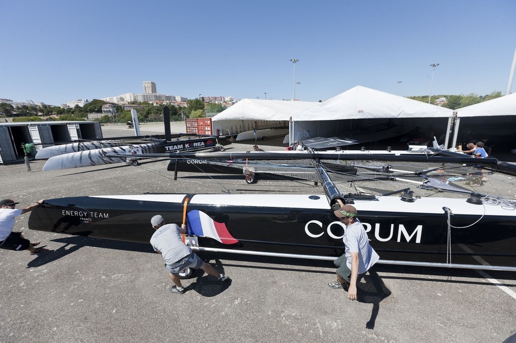 AC World Series - Cascais 2011 - Energy Team set its wing for the first time and do its load tests in heavy breeze - America’s Cup World Series, Cascais, July 2011 © ACEA - Photo Gilles Martin-Raget http://photo.americascup.com/
