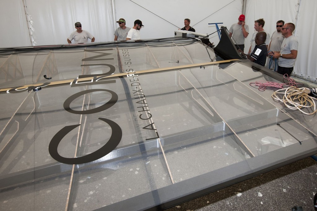 AC World Series - Cascais 2011 - Energy Team set its wing for the first time and do its load tests in heavy breeze - America’s Cup World Series, Cascais, July 2011 © ACEA - Photo Gilles Martin-Raget http://photo.americascup.com/