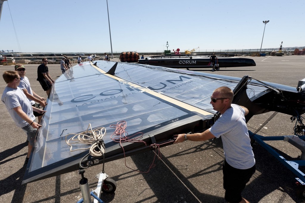 34th America’s Cup - AC World Series - Cascais 2011 - Energy Team set its wing for the first time and do its load tests in heavy breeze © ACEA - Photo Gilles Martin-Raget http://photo.americascup.com/