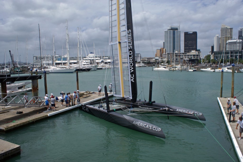 Across the marina in a 20kt breeze ready for rudders to be fitted - AC45 launch - Day 2 © Richard Gladwell www.photosport.co.nz