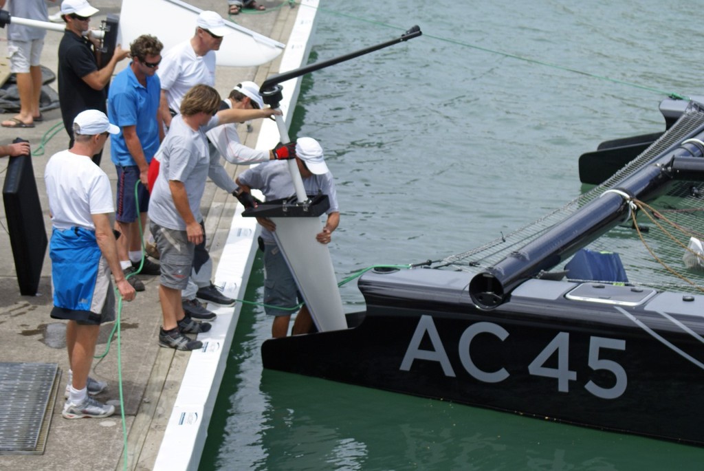 Starboard rudder is prepared for fitting - AC45 launch - Day 2 © Richard Gladwell www.photosport.co.nz