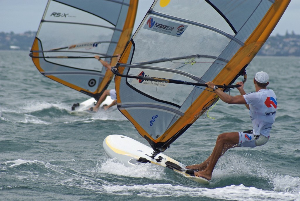 JP Tobin leads Tom Ashley in the closing stages of the first race - Sail Auckland - 2011 - Day 2 photo copyright Richard Gladwell www.photosport.co.nz taken at  and featuring the  class