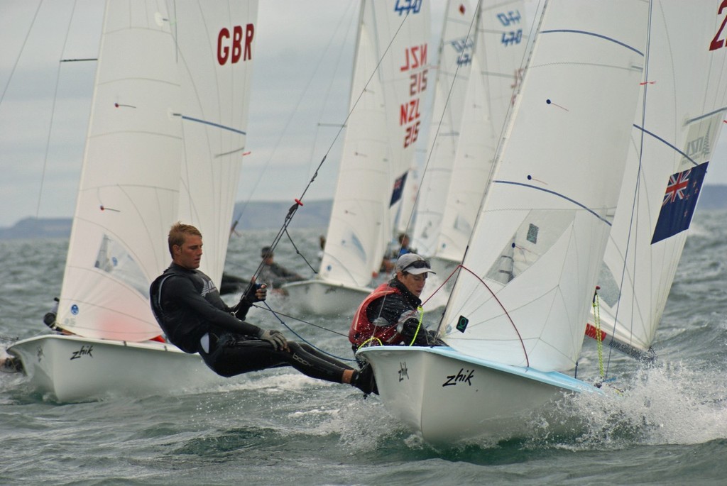 New Zealand&rsquo;s Paul Snow-Hansen and Jason Saunders ahead of  Britain&rsquo;s Nick Rogers and Chris Grube - Sail Auckland - 2011 - Day 2 photo copyright Richard Gladwell www.photosport.co.nz taken at  and featuring the  class