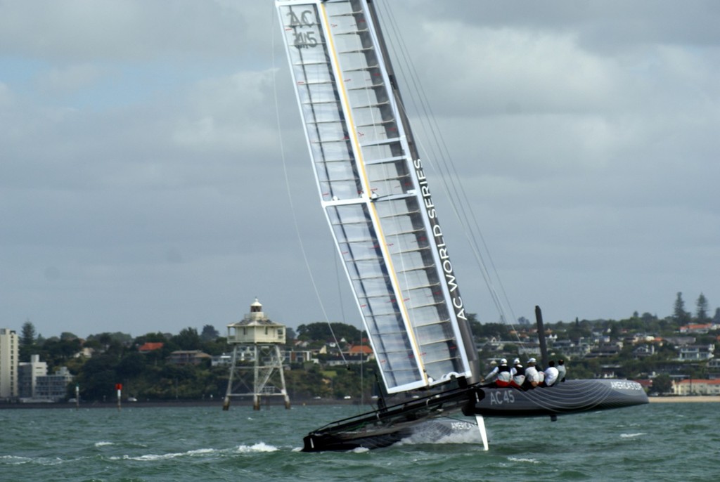 The AC45 prototype smokes up the Waitemata sailing at over 15kts in a 20kt breeze. photo copyright Richard Gladwell www.photosport.co.nz taken at  and featuring the  class