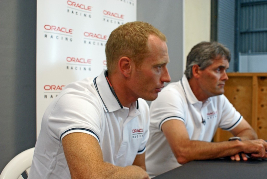 Jimmy Spithill (AUS) nearest the camera and CEO Russell Coutts at the media conference 28 January 2011 © Richard Gladwell www.photosport.co.nz