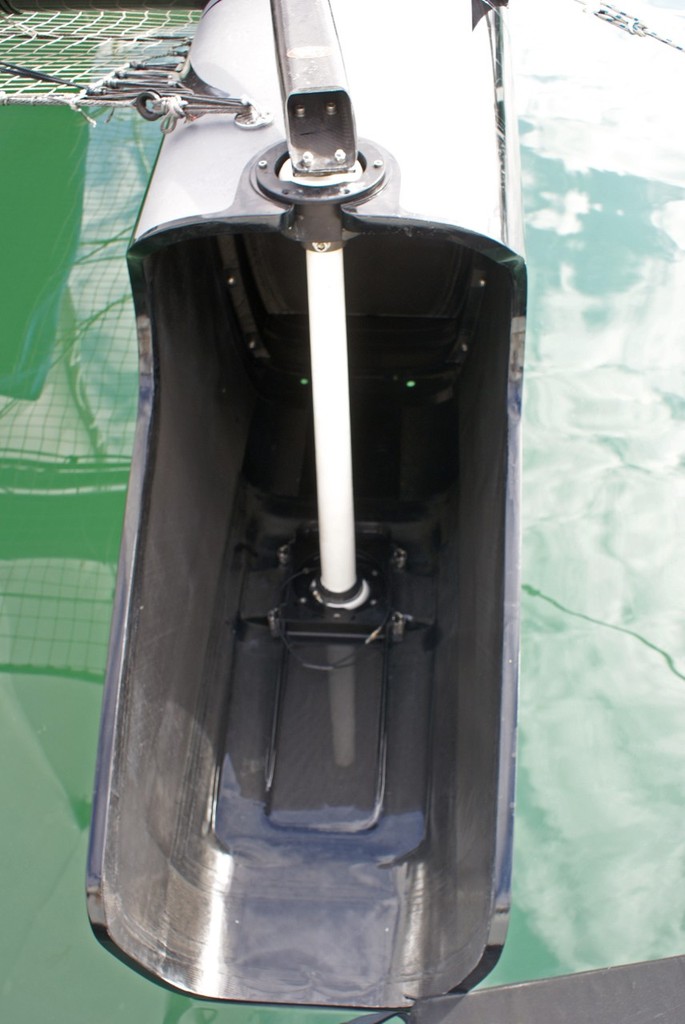 Rudder box (while afloat, with two drain holes at the forward end). - AC45 Launch © Richard Gladwell www.photosport.co.nz