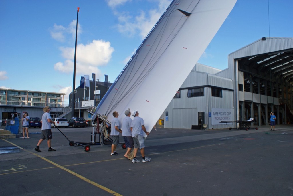 The wingsail rotates on a universal swivel on the launch trolley - AC45 Rigging - 14 February 2011 photo copyright Richard Gladwell www.photosport.co.nz taken at  and featuring the  class