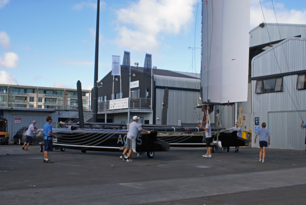 The wingsail is vertical and under control while waiting for the platform to be wheeled out  - AC45 Rigging - 14 February 2011 photo copyright Richard Gladwell www.photosport.co.nz taken at  and featuring the  class