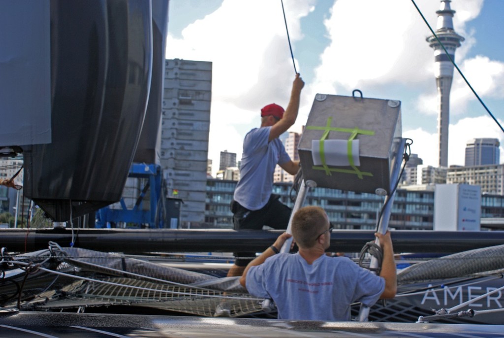 The stainless steel water box replaces an earlier plywood model - AC45 Rigging - 14 February 2011 photo copyright Richard Gladwell www.photosport.co.nz taken at  and featuring the  class