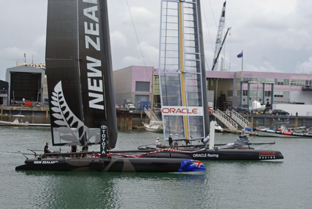 The first view of Emirates Team NZ and Oracle Racing’s AC45’s together on the water &copy; Richard Gladwell www.photosport.co.nz