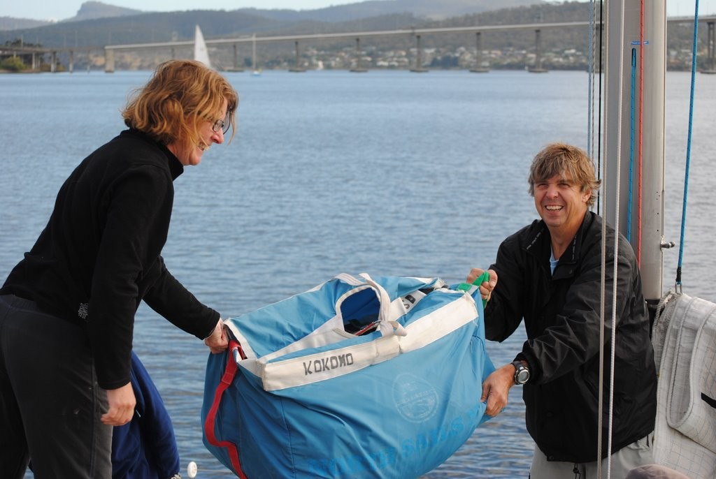 Whistler’s skipper David Rees forgot the ½ oz spinnaker (it was down in the garage drying) which his wife Deb delivered to the wharf at the Royal Hobart Regatta grounds just before the start - 85th Bruny Island Race ©  Andrea Francolini Photography http://www.afrancolini.com/