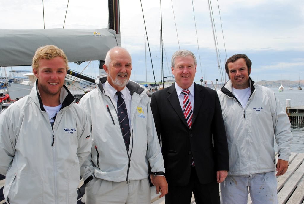 Tasmania’s Deputy Premier Bryan Green and Derwent Sailing Squadron Commodore Ron Bugg with Mr Kite crew members Rowan Clark (left) and John Wearne (right) at the launch of the Optus Launceston to Hobart Race today - launceston to Hobart (L2H) ©  Andrea Francolini Photography http://www.afrancolini.com/