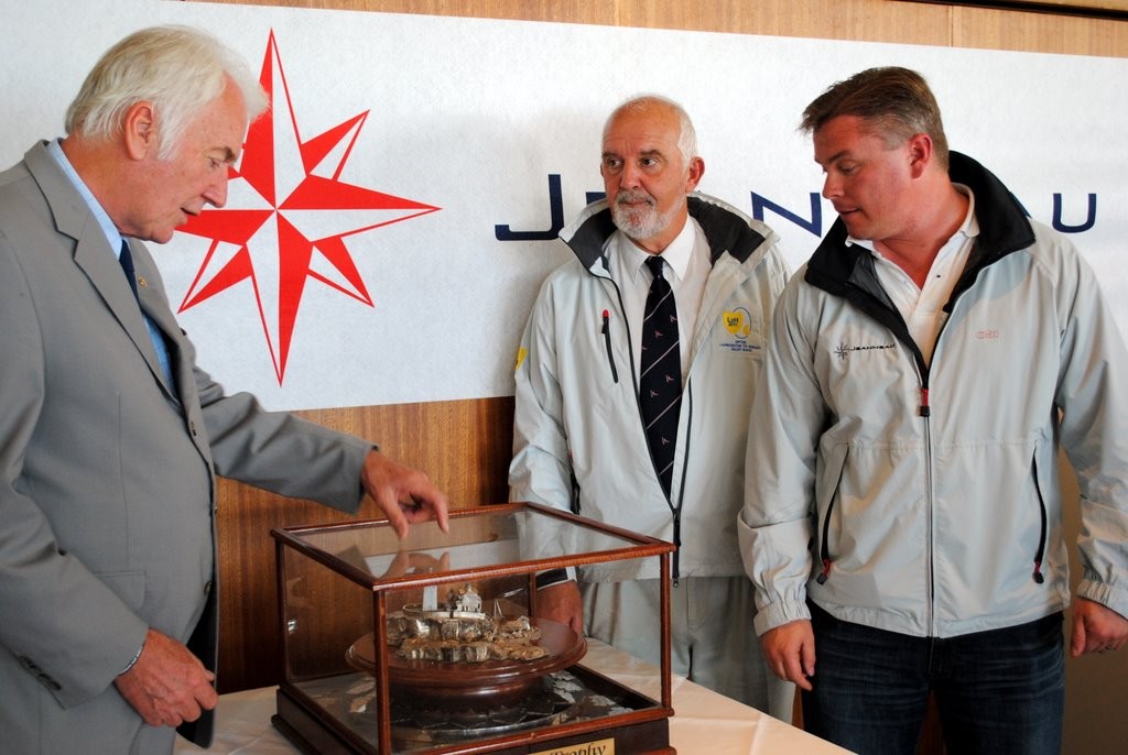 Hobart’s new Lord Mayor Damon Thomas (left) examines the major trophy for the Jeanneau King of the Derwent with Derwent Sailing Squadron Commodore Ron Bugg and Paul Nansawen from sponsors Boat Sales Tasmania/Jenneau photo copyright Rob Cruse taken at  and featuring the  class