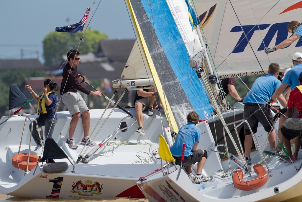Will Tiller gets across Johnie Berntsson&rsquo;s bow during a pre start during the quarter finals at the Monsoon Cup 2011.  &copy; Gareth Cooke/Subzero Images/ Monsoon Cup - copyright http://www.monsooncup.com.my
