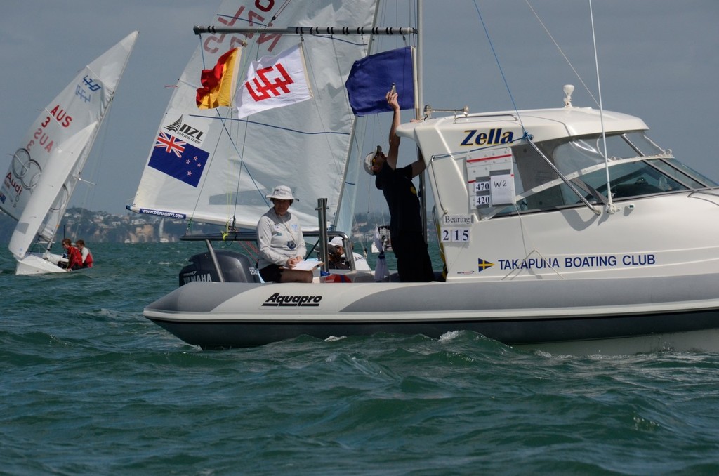 Zella - Takapuna Boating Club’s committee boat - Day 2 - 2011 NZ 470 Nationals, Takapuna photo copyright NZL 470 Class http://www.470sailing.org.nz/ taken at  and featuring the  class