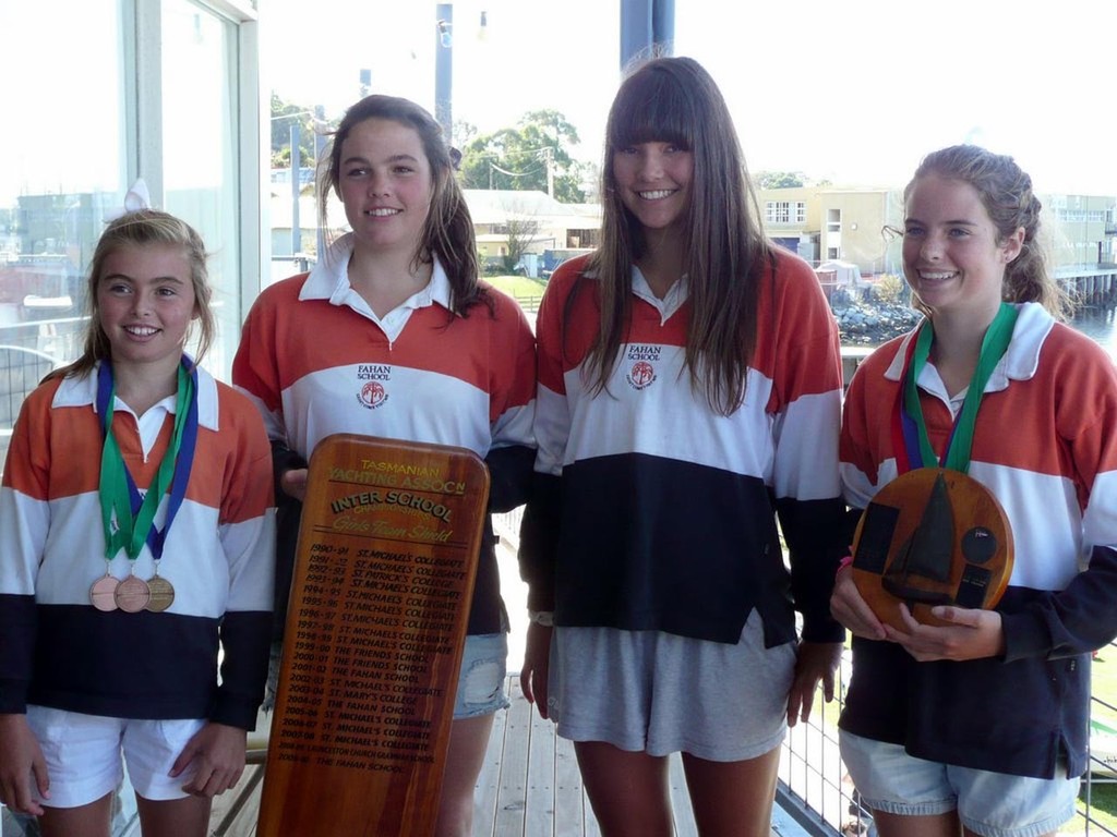 Winning girls team from Fahan, left to right,  Hannah Chadwick (11) Cadet crew; Maddy Salter (15) Laser 4.7,  Ella Connor (15) Laser 4.7 and Samantha Bailey (13) Cadet skipper. © Don Bailey