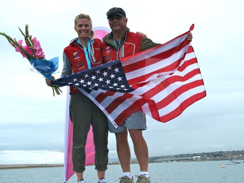 Paige Railey (USA) with her Coach Luther Carpenter. Photo: USSTAG © US Sailing http://www.ussailing.org