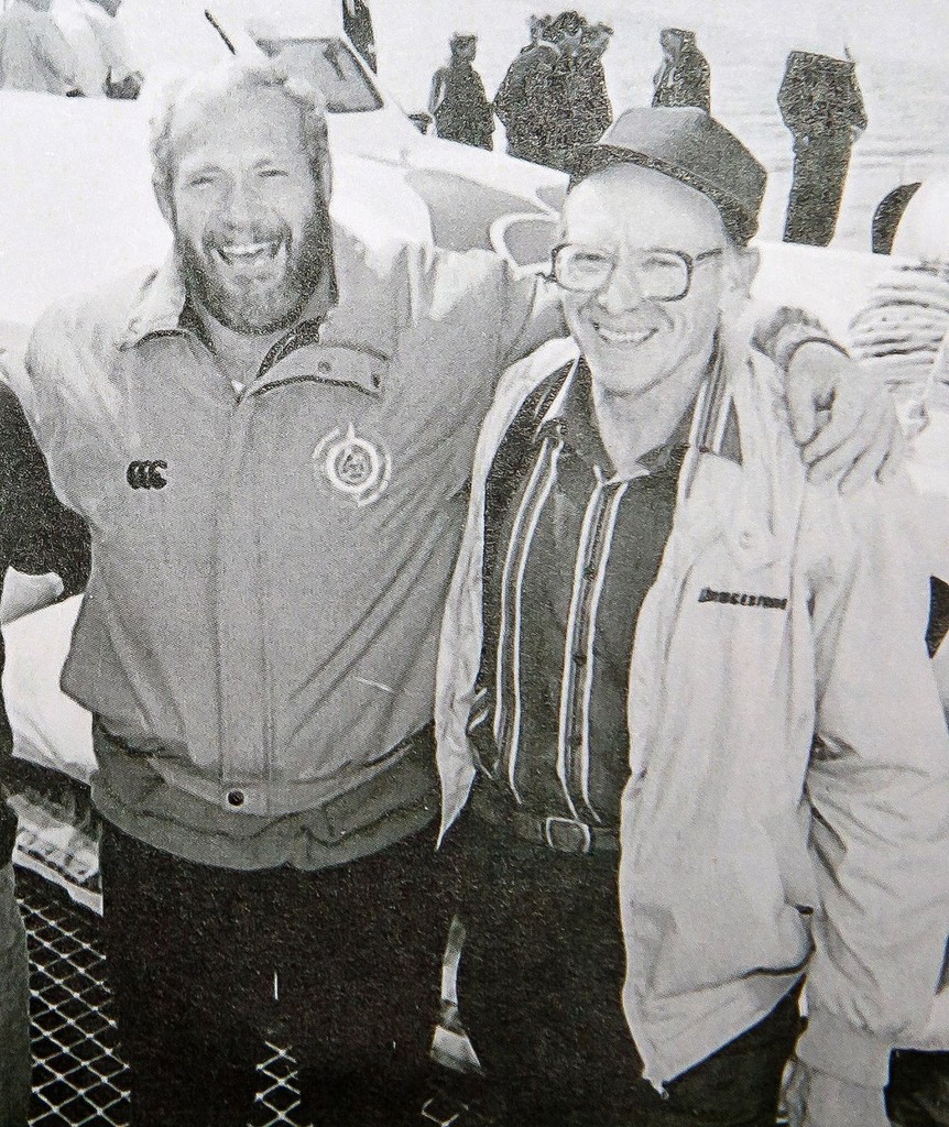 Sir Robin Knox-Johnston with New Zealand fisherman Lawrie Waters, when Sir Robin was in Wellington as part of his Enza Jules Verne attempt with Sir Peter Blake in the early ’90’s. - Velux 5 Oceans<br />
<br />
 © onEdition http://www.onEdition.com