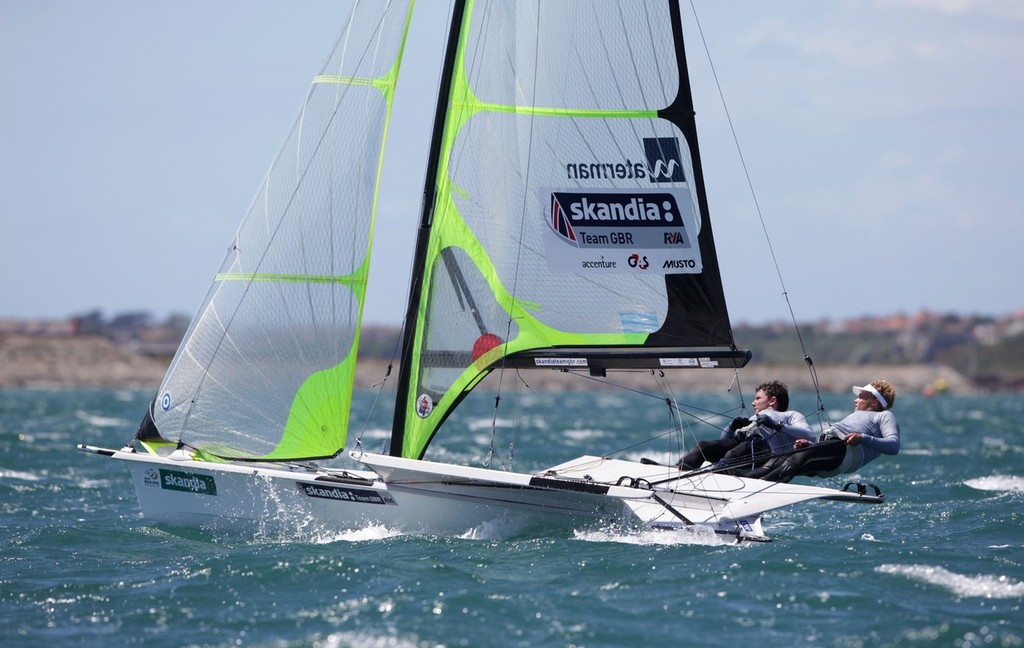 Max Richardson and Nick Redding from Great Britain racing in the 49er class on day 3 of the Skandia Sail for Gold Regatta © onEdition http://www.onEdition.com