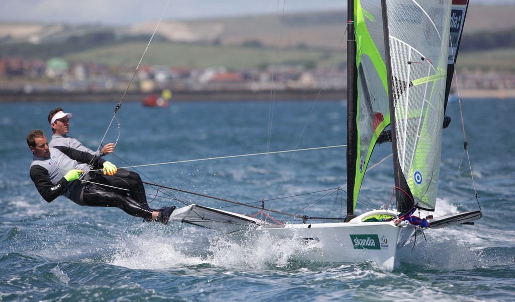 Max Richardson and Nick Redding from Great Britain racing in the 49er class on day 3 of the Skandia Sail for Gold Regatta © onEdition http://www.onEdition.com