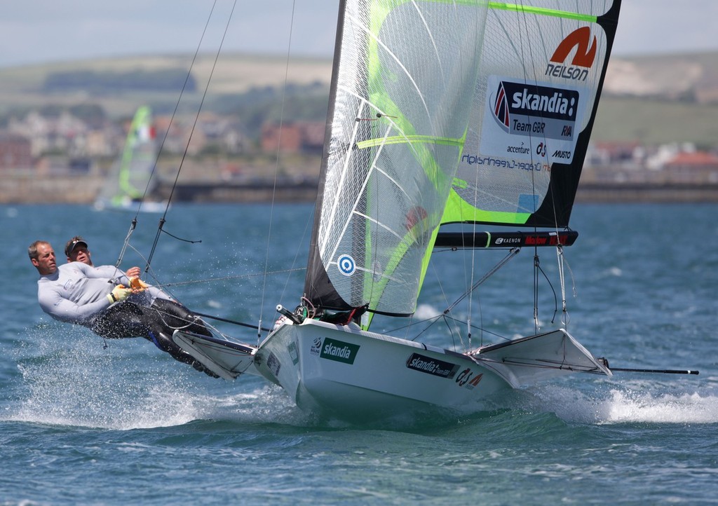 Chris Draper and Peter Greenhalgh and Ben Rhodes from Great Britain racing in the 49er class on day 3 of the Skandia Sail for Gold Regatta, in Weymouth  © onEdition http://www.onEdition.com
