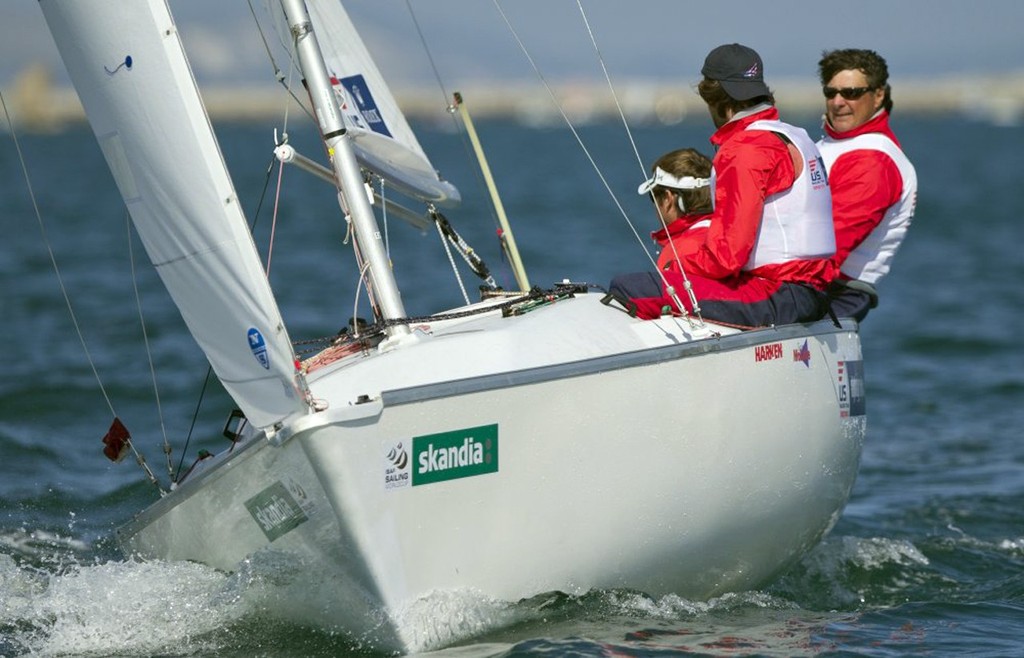 Rick Doerr, Brad Kendell and Hugh Freund from USA racing in the Sonar class on day 1 of the Skandia Sail for Gold Regatta, in Weymouth and Portland, the 2012 Olympic venue.  © onEdition http://www.onEdition.com