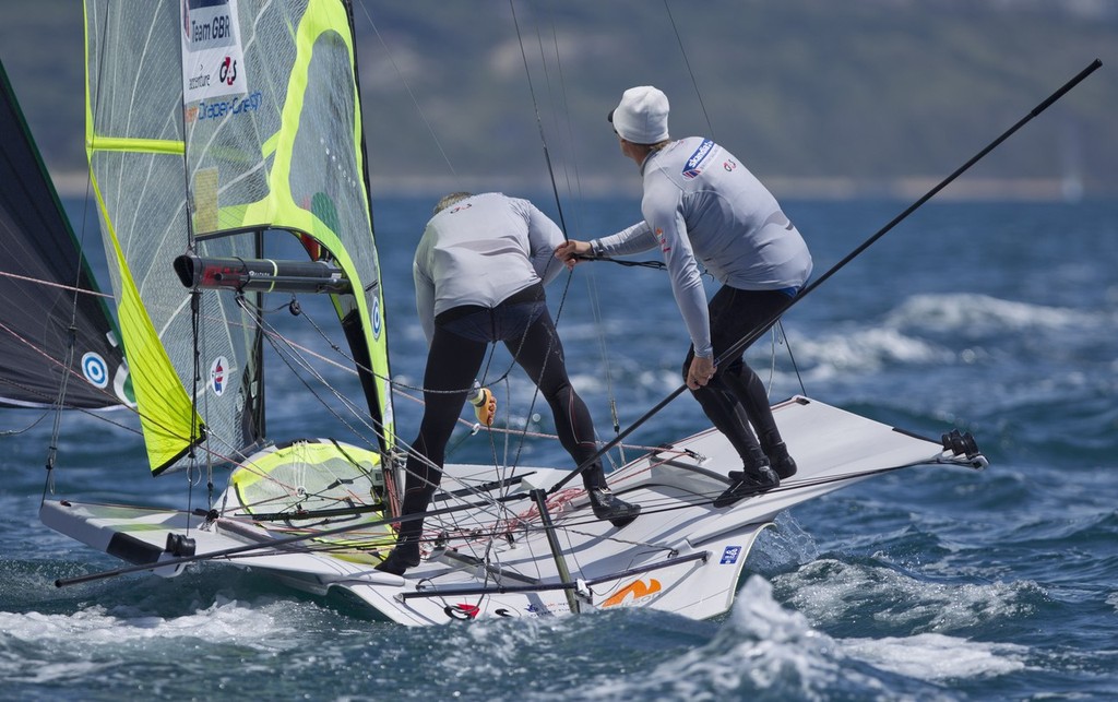 Chris Draper and Peter Greenhalgh from Great Britain racing in the 49er class on day 5 of the Skandia Sail for Gold Regatta, in Weymouth and Portland, the 2012 Olympic venue.  © onEdition http://www.onEdition.com