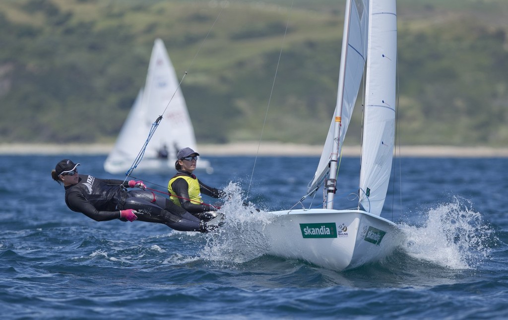 Jo Aleh and Olivia Powrie from New Zealand racing in the 470 Women class on day 5 of the Skandia Sail for Gold Regatta, in Weymouth and Portland, the 2012 Olympic venue.  © onEdition http://www.onEdition.com