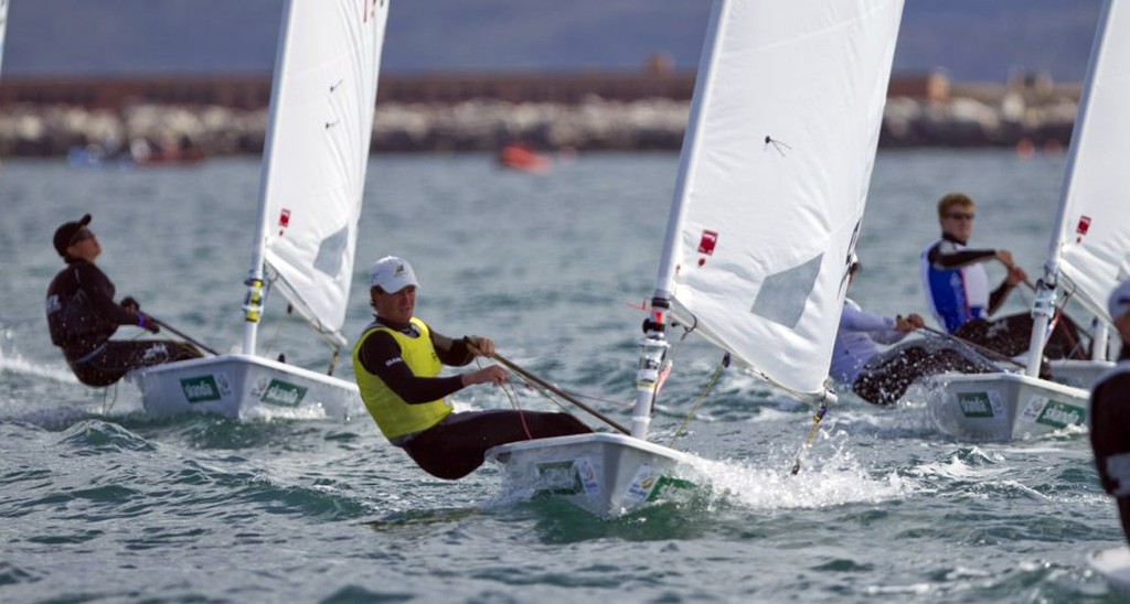 Tom Slingsby from Australia leading the fleet in the Laser class on the medal day of the Skandia Sail for Gold Regatta, in Weymouth and Portland, the 2012 Olympic venue. © onEdition http://www.onEdition.com