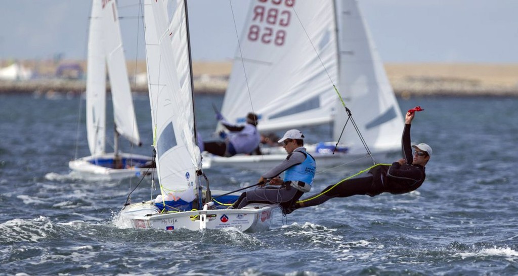 Matthew Belcher and Malcolm Page from Australia racing in the 470 Men class on the medal day of the Skandia Sail for Gold Regatta, in Weymouth and Portland, the 2012 Olympic venue. © onEdition http://www.onEdition.com