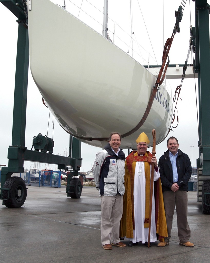 left to right John Tweed, Chief Executive of the Weymouth and Portland National Sailing Academy, The Bishop of Sherborne and Charlie Walker, Managing Director of the Round Britain and Ireland Challenge photo copyright Helen Ellis taken at  and featuring the  class