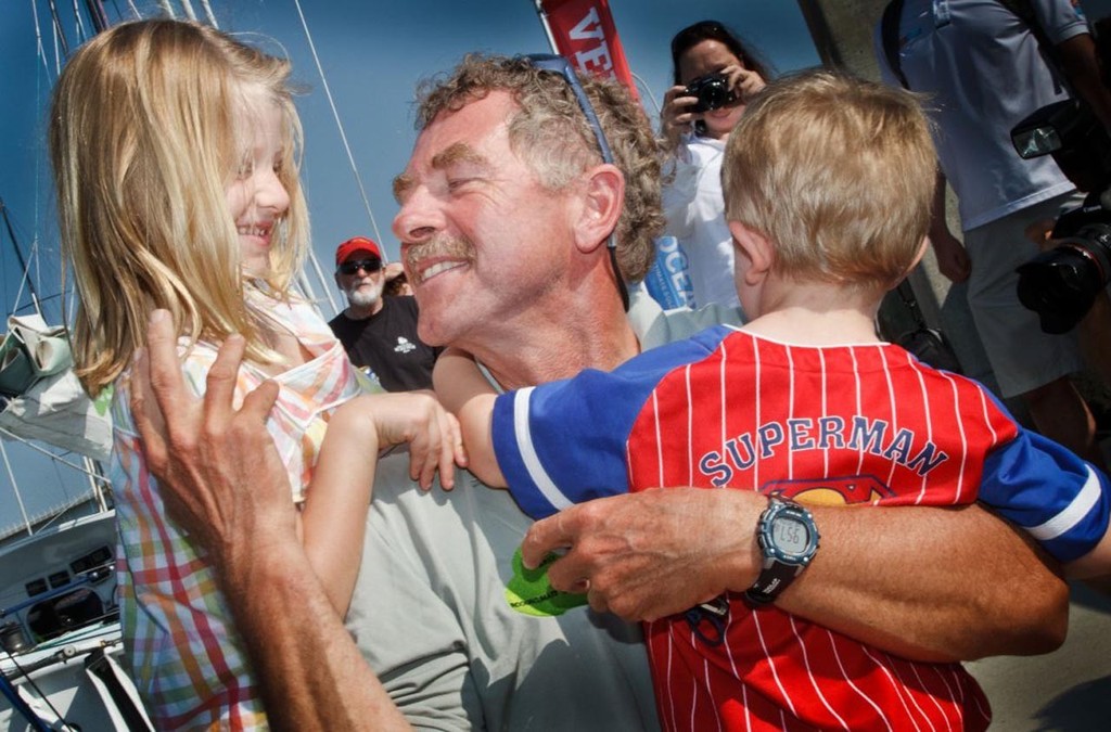 Derek Hatfield with his daughter Sarah (6) and son Ben (2) celebrates finishing in second place.<br />
<br />
Derek Hatfield is Canada&rsquo;s most experienced offshore solo yachtsman with a podium finish in 2003 in the VELUX 5 Oceans (formerly called Around Alone), he also competed in the 2008 Vendee Globe and has over 90,000 miles of offshore experience. Derek, from Aurora, Ontar &copy; Ainhoa Sanchez/Velux 5 Oceans