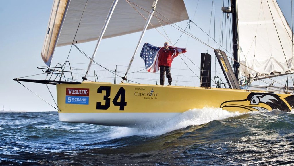 A triumphant Brad Van Liew wins the Velux 5 Oceans, having won 5 out of 5 legs, as he crossed the finish line in this evening in La Rochelle, France.<br />
 © Ainhoa Sanchez/Velux 5 Oceans