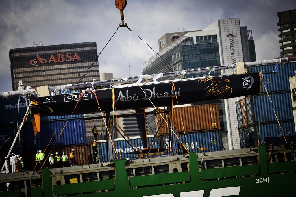Abu Dhabi Ocean Racing arrives on a ship in Cape Town, after retiring from leg 1. (Photo Credit Must Read: Nick Dana/Abu Dhabi Ocean Racing/Volvo Ocean Race) photo copyright Nick Dana/Abu Dhabi Ocean Racing /Volvo Ocean Race http://www.volvooceanrace.org taken at  and featuring the  class
