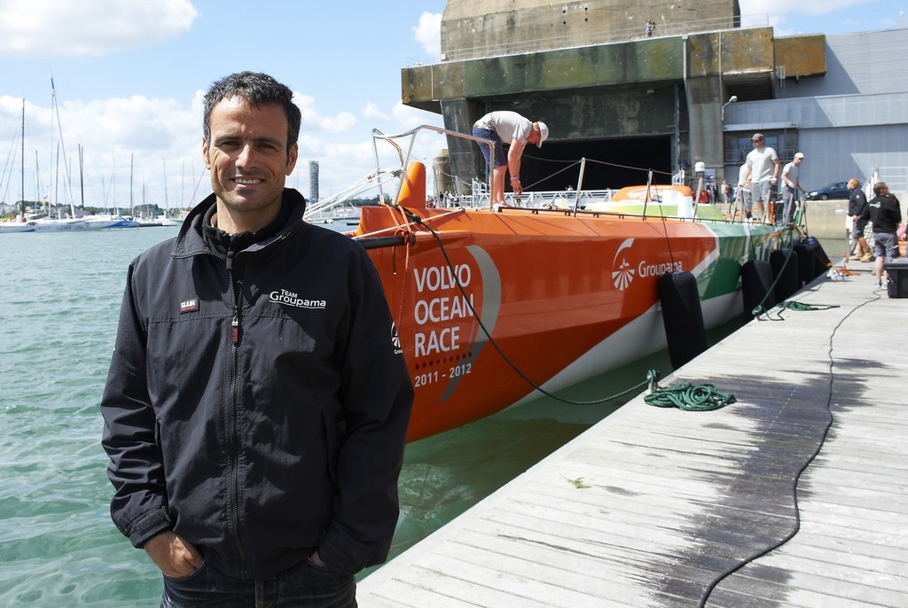 Skipper Franck Cammas<br />
<br />
Groupama Sailing Team puts their new Volvo Open 70, Groupama 4, in the water at their base in Lorient. - Groupama launch 150511 © Volvo Ocean Race http://www.volvooceanrace.com
