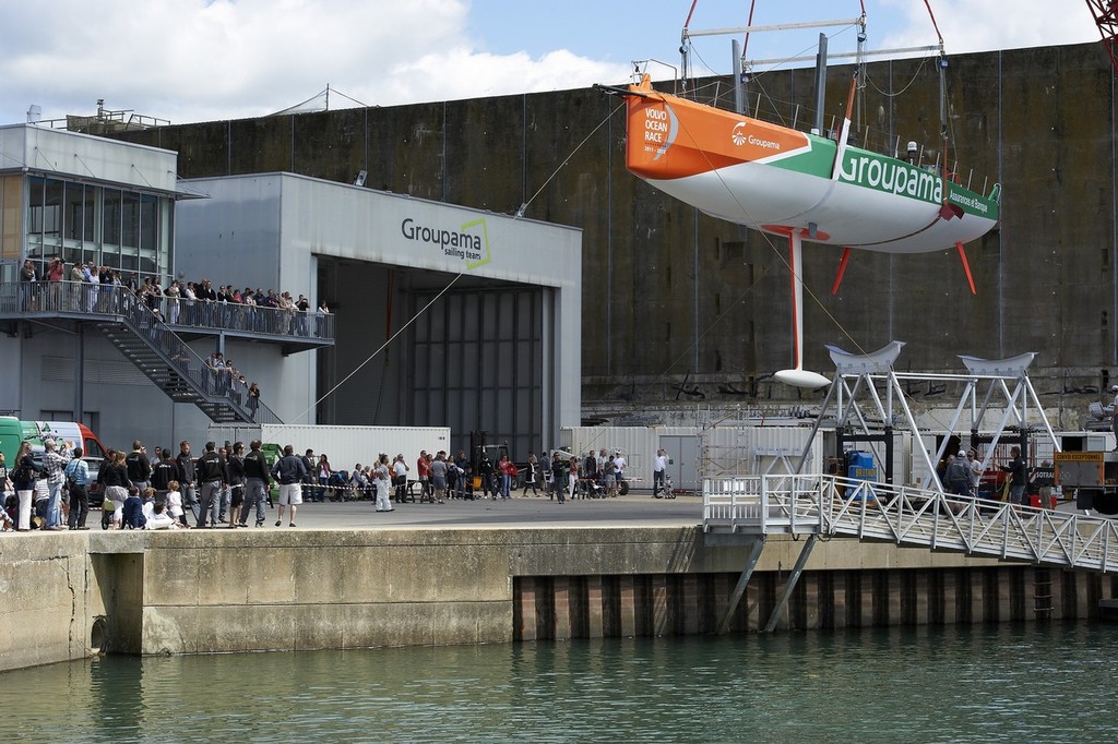 Groupama Sailing Team puts their new Volvo Open 70, Groupama 4, in the water at their base in Lorient. - Groupama launch 150511 © Volvo Ocean Race http://www.volvooceanrace.com