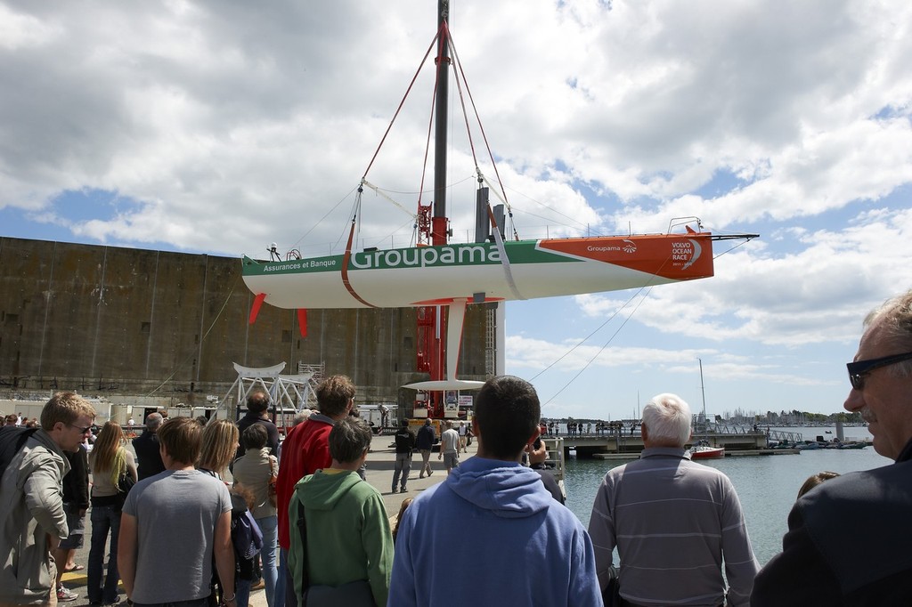 Groupama Sailing Team puts their new Volvo Open 70, Groupama 4, in the water at their base in Lorient. - Groupama launch 150511 © Volvo Ocean Race http://www.volvooceanrace.com