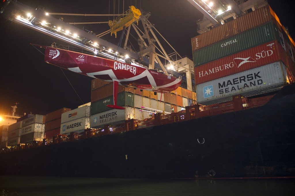 Emirates Team New Zealand VO70 is loaded on the Maersk container ship, Maersk Dabou to be transported to Europe for the start of the Volvo Ocean Race 2011-12. © Volvo Ocean Race http://www.volvooceanrace.com