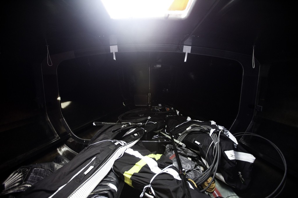 The front of the boat is full of sails, rigging, and mast parts and pieces, all waiting inspection upon arrival to Tristan de Cunha. Puma Ocean Racing  © Amory Ross/Puma Ocean Racing/Volvo Ocean Race http://www.puma.com/sailing