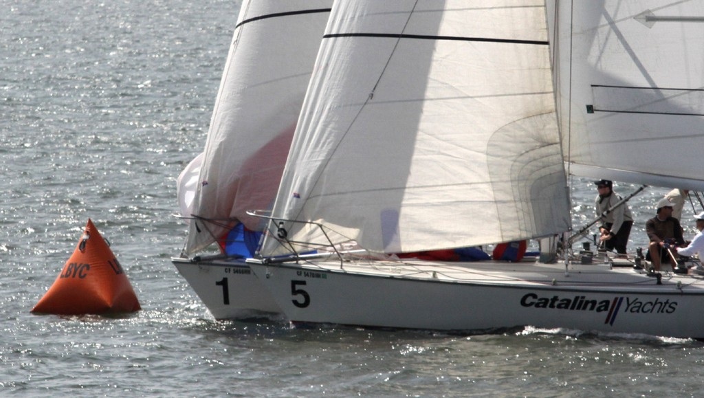 1- Tiller (1) drives between Chris Nesbitt and mark, forcing a foul  - Ficker Cup, Day 2 - Long Beach YC © Rich Roberts http://www.UnderTheSunPhotos.com