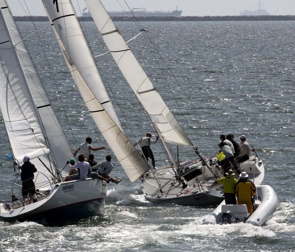 Will Tiller (r.) comes down on Dustin Durant after the start - Ficker Cup, Day 2 - Long Beach YC © Rich Roberts http://www.UnderTheSunPhotos.com