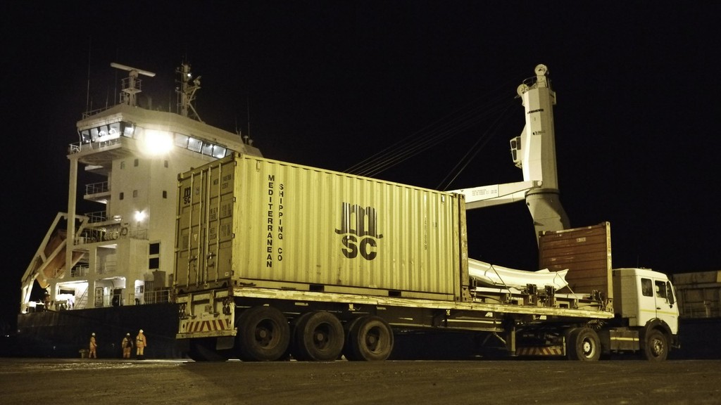 A container ship is loaded with a boat cradle before departing for the Island of Tristan da Cunha to pick up PUMA Ocean Racing powered by BERG. (Photo Credit must read: Steve Edmonds/Volvo Ocean Race) © Steve Edmonds/Volvo Ocean Race http://www.volvooceanrace.com