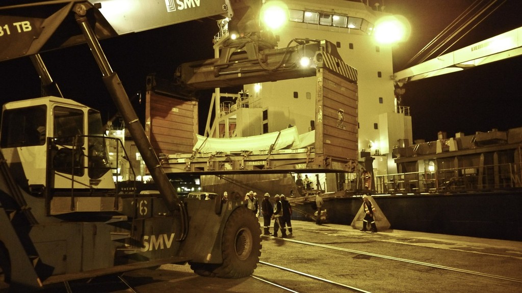 A container ship is loaded with a boat cradle before departing for the Island of Tristan da Cunha to pick up Puma © Steve Edmonds/Volvo Ocean Race http://www.volvooceanrace.com