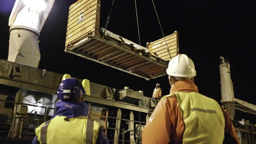 A container ship is loaded with a boat cradle before departing for the Island of Tristan da Cunha to pick up Puma © Steve Edmonds/Volvo Ocean Race http://www.volvooceanrace.com