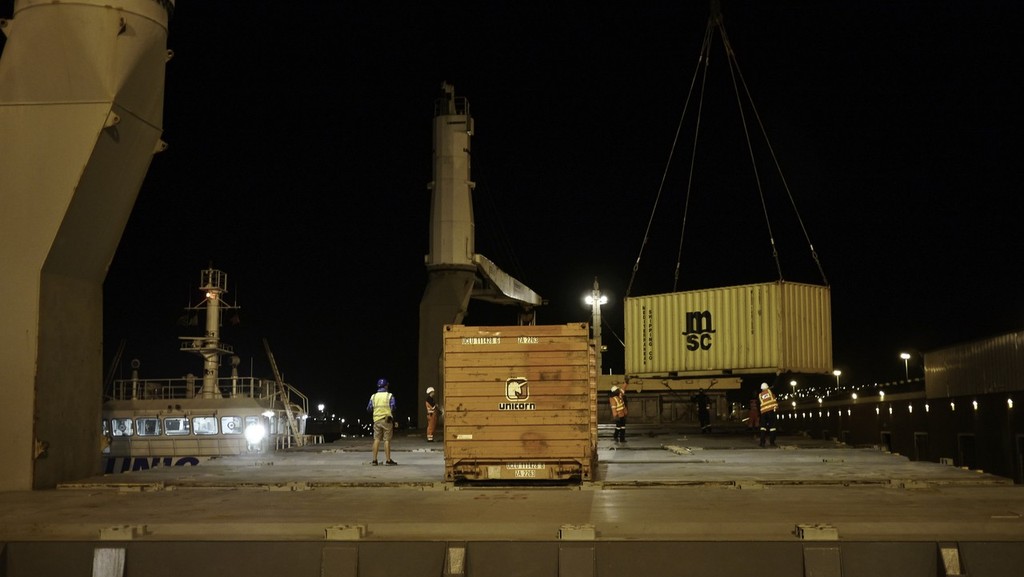 A container ship is loaded with a boat cradle before departing for the Island of Tristan da Cunha to pick up Puma © Steve Edmonds/Volvo Ocean Race http://www.volvooceanrace.com